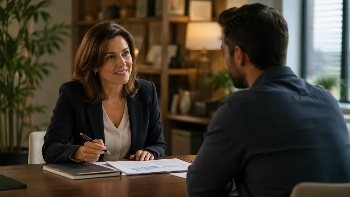 Client and financial counselor in a warm professional meeting