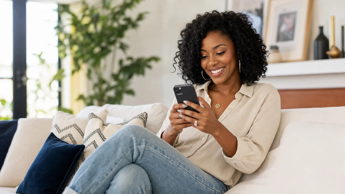Woman checking her improving credit score on a smartphone