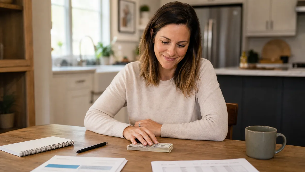 Woman reviewing consolidated bills with a sense of relief