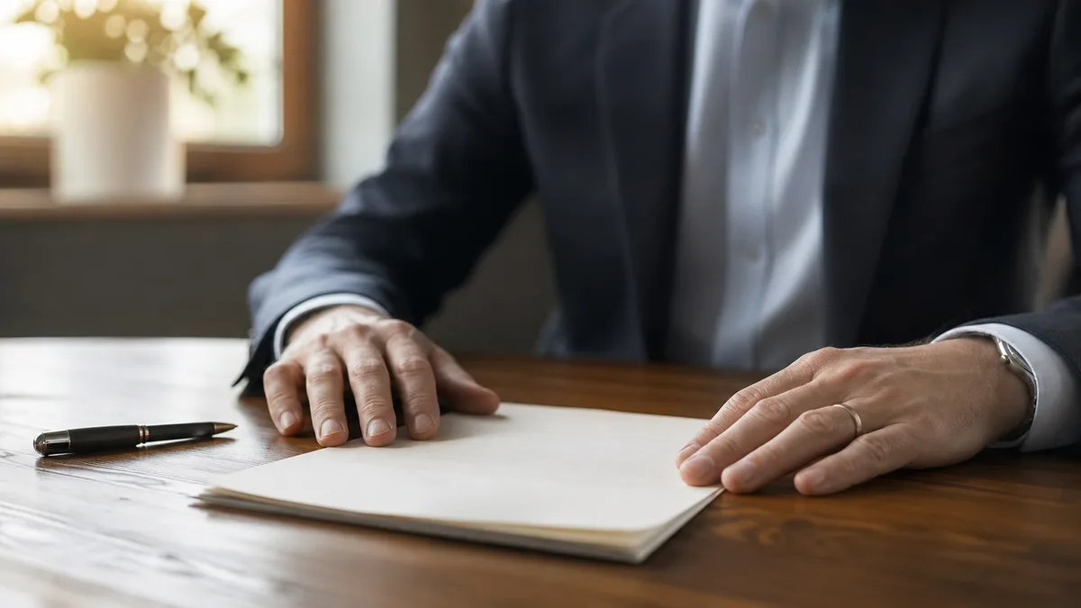 Person completing a debt settlement agreement at a clean desk