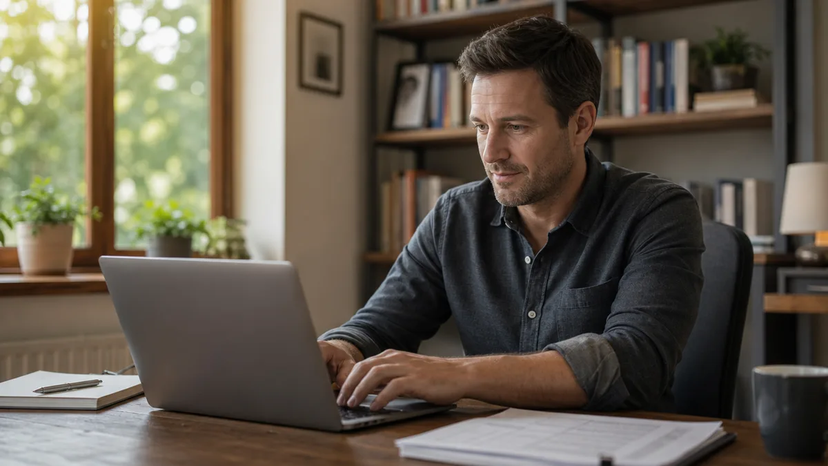 A person calmly reviewing their financial options on a laptop at home
