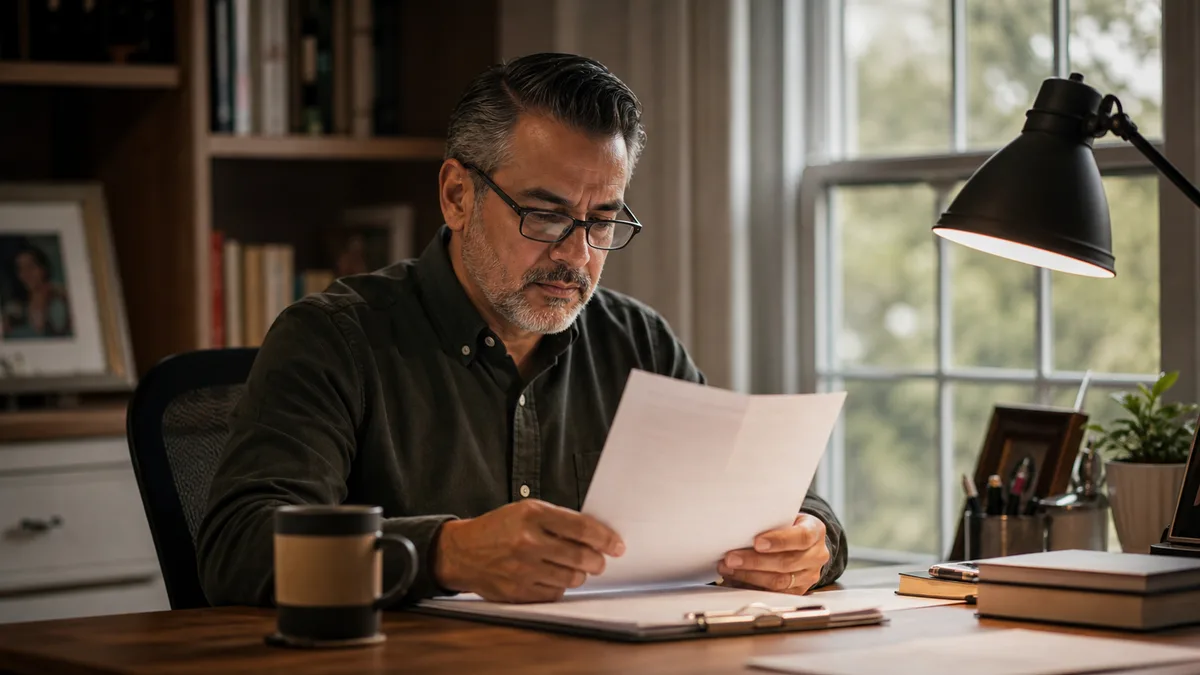 Man calmly organizing tax documents at a home office desk